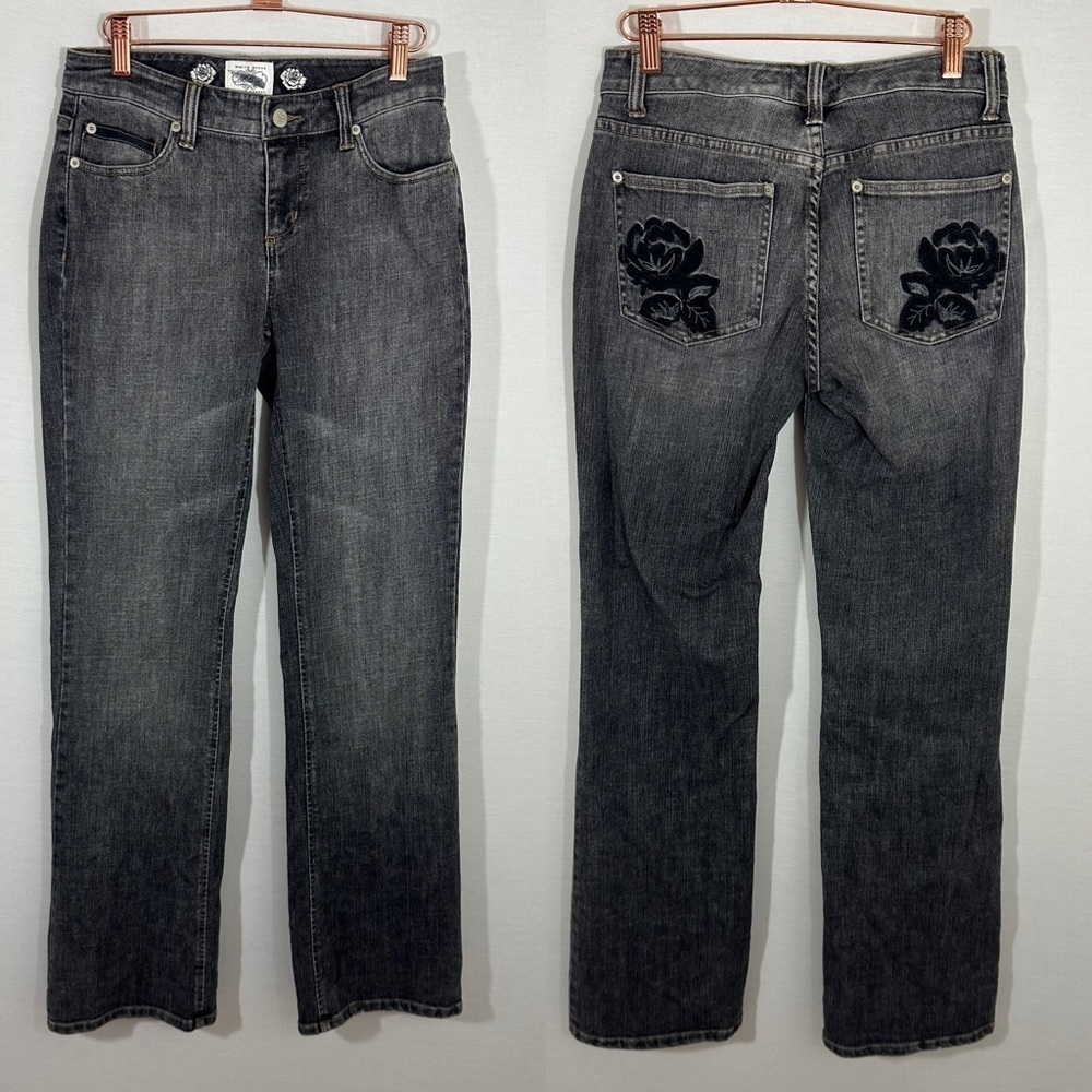 WHITE House Black Market Blanc Boot Cut Dark Wash Embroidered Jeans Size 2